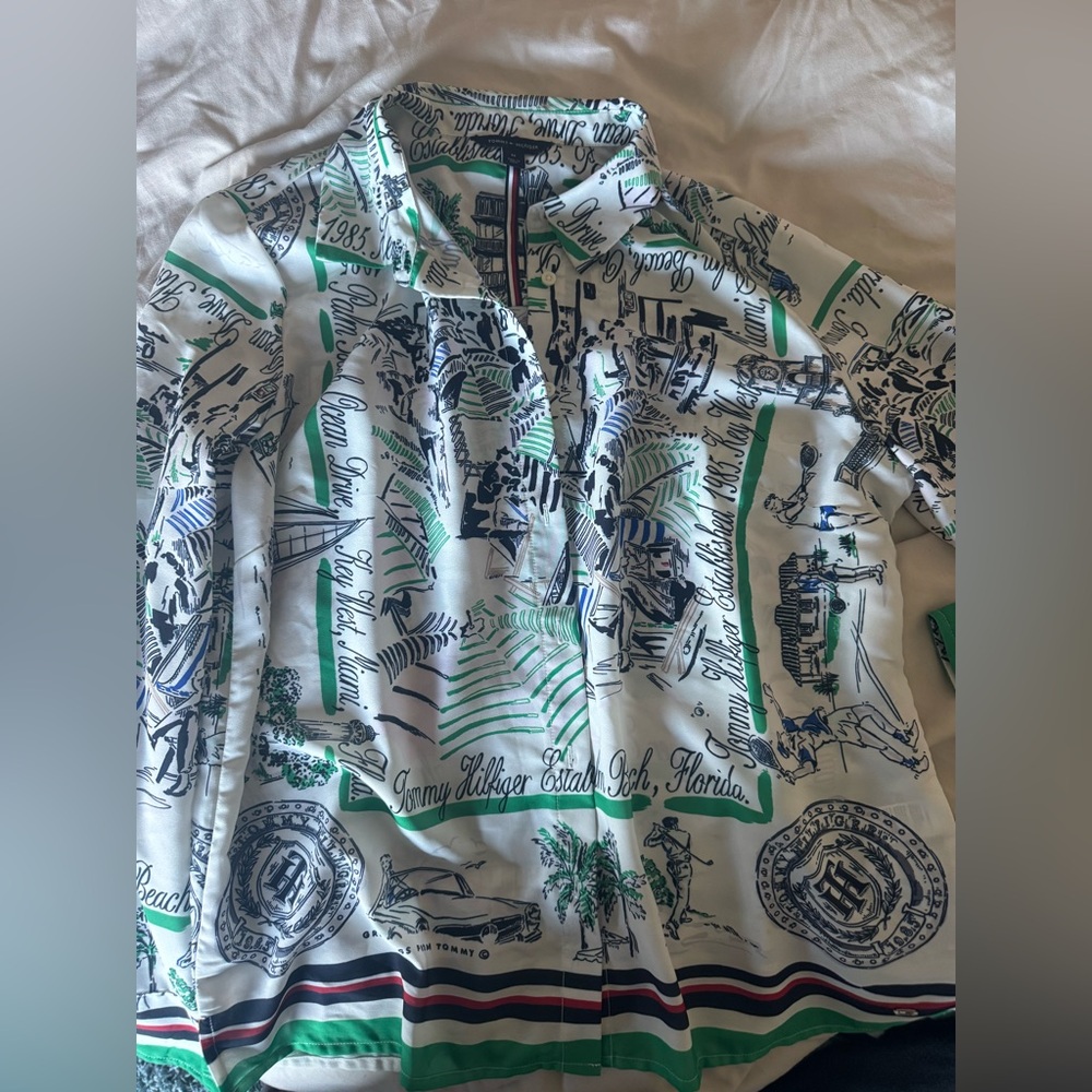 Tommy Hilfiger Palm Beach Scarf Print Relaxed Fit Silk Blouse - M (vintage)